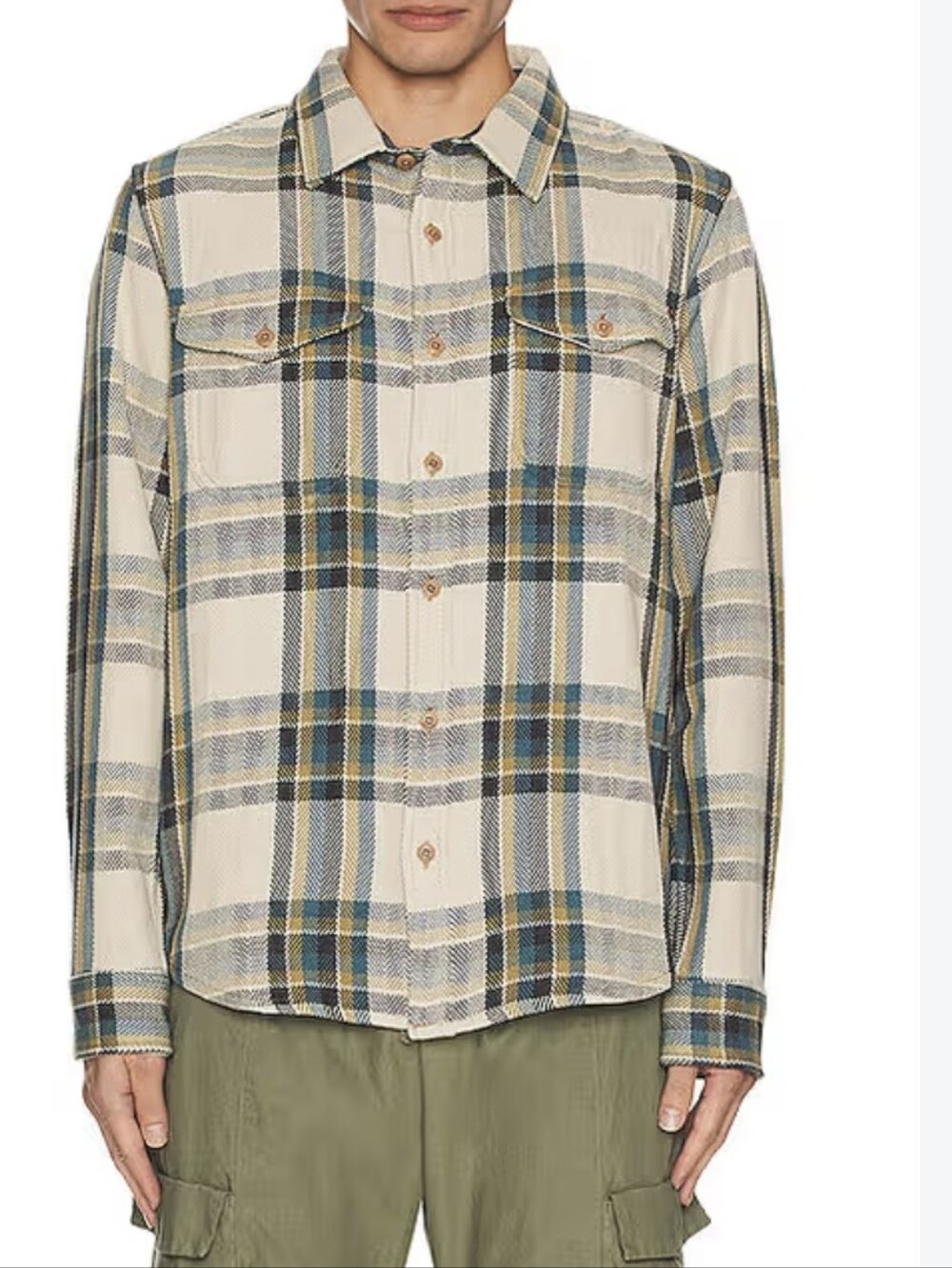 Outerknown Blanket Shirt Plaid Cream/Olive Button Down Heavyweight Cotton Sz XL